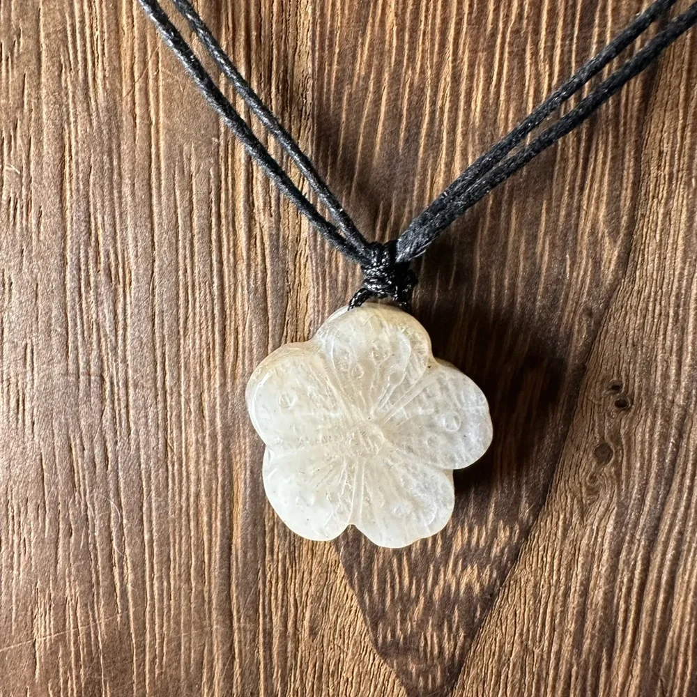 Small Moonstone Flower Pendant Necklace on Black Rope, Subtle Blue Flash - Picture 13 of 15